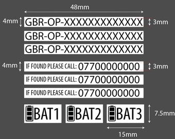 Custom Drone Stickers 9 Pack 3 x ID 3xPh. No 3 xBatt UK CAA Decals