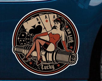 Lucky Girl Sticker Pin Up Great for Vintage Hot Rods Rat Rods and Sportscars V8