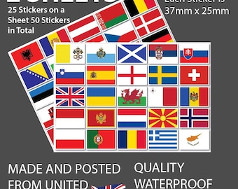 50 Europe + Flags Stickers (See Pictures) 37 x 25mm (2 sheets x25) Quality Vinyl