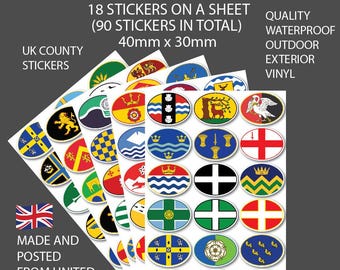 UK County Sticker Pack: 90 Waterproof Vinyl Travel Souvenirs (2 Sizes)