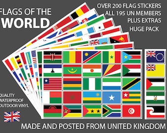 HUGE PACK Flags of the World 200+ Stickers 3 Sizes Available Quality Waterproof Vinyl Decals