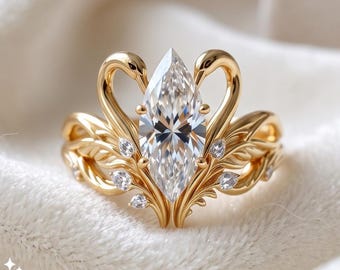 Unique Swan Gold Ring, Marquise Cut Moissanite Ring, Leaf Vine Engagement Ring, Handmade Bridal Jewelry