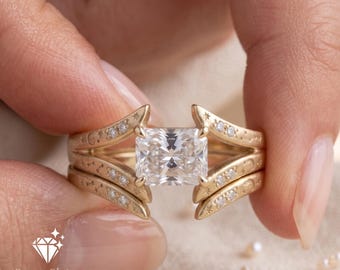 Radiant Cut Moissanite Engagement Ring Set, Celestial Moon Star Wedding Band, Vintage Gold Bridal Set, Unique Promise Ring