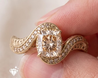 Champagne Cushion Cut Moissanite Engagement Ring, Celestial Moon Star Gold Ring, Vintage Wave Bypass Promise Ring, Anniversary Gift for Her