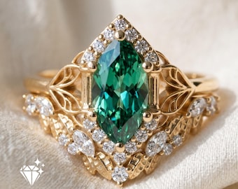 Conjunto de anéis de noivado vintage com esmeralda | Gema verde em formato de marquise | Conjunto nupcial Art Déco | Anel de ouro inspirado na natureza | Aliança curva