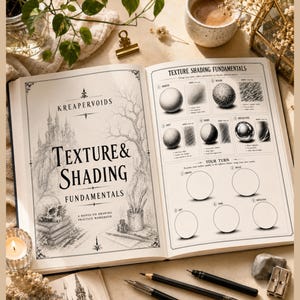 Op de afbeelding: Een open tekenwerkboek getiteld Kreapervoids Texture & Shading Fundamentals. De linkerpagina bevat een illustratie van een kasteel en een schedel, terwijl de rechterpagina een gids voor textuurschaduwen toont met bollen en lege cirkels.