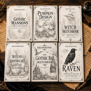 May include: Six rectangular softcover workbooks with cream-colored covers and black ink illustrations. Titles include Gothic Mansions, Pumpkin Design, Witch Sketchbook, The Witch's Apothecary, The Gothic Bat Sketchbook, and Raven Drawing & Tracing Sketchbook.