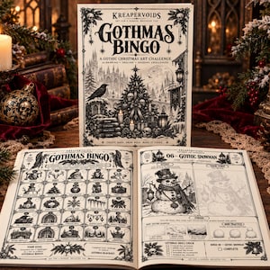 Peut inclure: Un livre de défi artistique en noir et blanc intitulé Gothmas Bingo avec un sapin de Noël gothique, des crânes et un corbeau sur la couverture. Le livre ouvert présente une grille de bingo de dessins et une page 06-Gothic Snowman avec instructions.