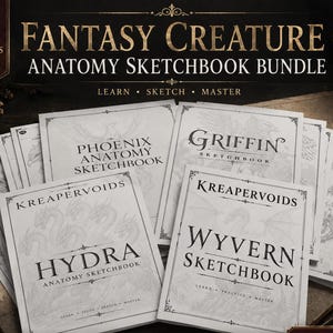 May include: A bundle of four fantasy creature anatomy sketchbooks titled Phoenix, Griffin, Hydra, and Wyvern. Each white cover features black text and decorative borders. The collection is labelled as a 4 sketchbooks in 1 bundle set.