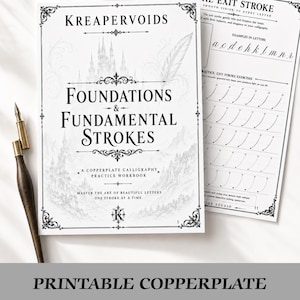 May include: A white copperplate calligraphy practice workbook titled KREAPERVOIDS FOUNDATIONS & FUNDAMENTAL STROKES with a secondary page titled THE EXIT STROKE, featuring black text and illustrations, accompanied by a dark wooden calligraphy pen.