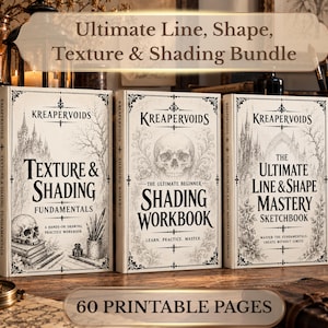 Puede incluir: Tres libros de color blanco roto titulados Ultimate Line, Shape, Texture & Shading Bundle. Los libros se titulan Texture & Shading Fundamentals, The Ultimate Beginner Shading Workbook y The Ultimate Line & Shape Mastery Sketchbook, con ilustraciones de calaveras y motivos góticos.