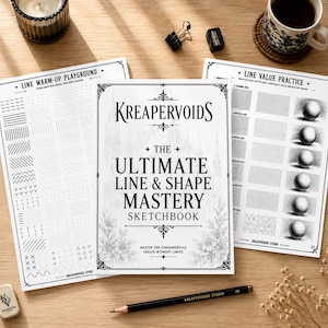 Puede incluir: Un cuaderno de bocetos blanco titulado KREAPERVOIDS THE ULTIMATE LINE & SHAPE MASTERY SKETCHBOOK con detalles florales, flanqueado por dos hojas de práctica llamadas LINE WARM-UP PLAYGROUND y LINE VALUE PRACTICE, junto a un lápiz negro y goma.