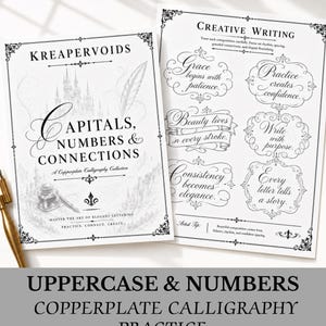 May include: Two white sheets of paper with black printed text and illustrations for calligraphy practice. The left sheet is titled KREAPERVOIDS CAPITALS, NUMBERS & CONNECTIONS. The right sheet is titled CREATIVE WRITING with various phrases.