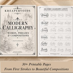 May include: A modern calligraphy sketchbook by Kreapervoids featuring a cover with a castle, moon, and rose illustration. The open page displays one-word calligraphy layouts for words like Wander, Moonlight, Serenity, Wonder, Golden, and Breathe.