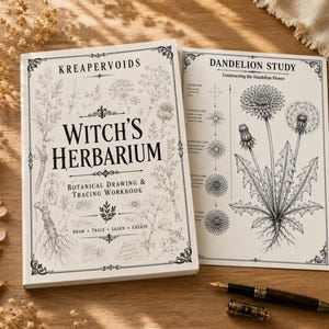 Puede incluir: Un libro de ejercicios blanco titulado Witch's Herbarium de Kreapervoids con ilustraciones botánicas negras. Al lado, una página titulada Dandelion Study muestra instrucciones paso a paso para dibujar una flor de diente de león.