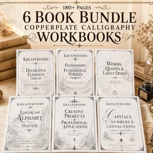 May include: A 6-book bundle of copperplate calligraphy workbooks containing over 180 pages. The white covers feature black text including titles like Decorative Elements Library, Foundations & Fundamental Strokes, and Lowercase Alphabet Mastery.