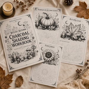 May include: A Witchy Autumn Charcoal Shading Workbook with botanical tracing and drawing practice. The cover features illustrations of a candle, mushroom, and key. Included are practice sheets for a pumpkin, autumn leaf, and sunflower.