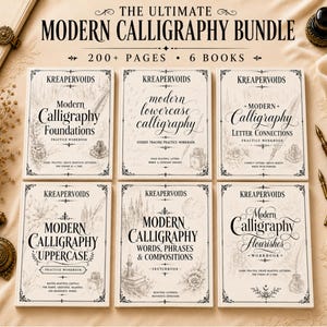May include: A set of six cream-colored calligraphy practice workbooks titled The Ultimate Modern Calligraphy Bundle, featuring black text and botanical illustrations. The books cover foundations, lowercase, letter connections, uppercase, words, and flourishes.