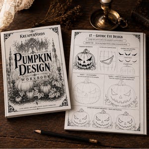 May include: A black and white pumpkin design workbook titled KreaperVoids with an open page showing Gothic eye design instructions for carving pumpkins. The workbook features detailed illustrations of pumpkins and a black pencil lies nearby.