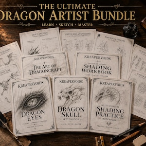 May include: A collection of instructional art booklets and reference sheets titled The Ultimate Dragon Artist Bundle by Kreapervoids. The set includes guides on dragon anatomy, shading, and sketching, featuring detailed pencil illustrations of dragon eyes, skulls, and scales.