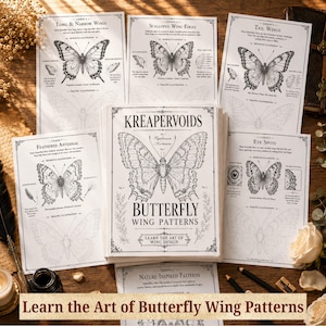 May include: A stack of instructional sheets titled KREAPERVOIDS BUTTERFLY WING PATTERNS featuring black and white line drawings of various butterfly species, wing anatomy, and tracing guides, presented with a quill pen and ink well.