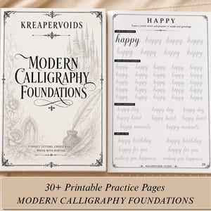 May include: An open workbook titled Modern Calligraphy Foundations by Kreapervoids. The left page features a castle, roses, and a quill illustration. The right page provides practice lines for the word happy and phrases like happy day.