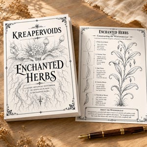 Puede incluir: Un cuaderno de bocetos blanco titulado KREAPERVOIDS THE ENCHANTED HERBS con ilustraciones botánicas negras de plantas y raíces, junto a una página de instrucciones sobre la construcción de una planta Whisperleaf y una pluma estilográfica de madera oscura.