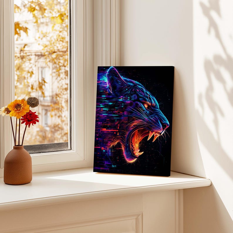 Cyberpunk Roaring Feline Poster & Canvas | Glitch Animal Wall Art ...