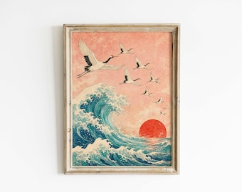 Ukiyo-e Crane Wave Poster & Canvas | Japanese Coastal Wall Art M6R9WC