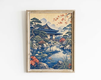 Japanese Garden Poster & Canvas | Ukiyo-e Zen Landscape Wall Art 98J230