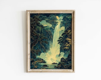 Art Nouveau Forest Waterfall Poster & Canvas | Mystical Nature Wall Art MXH30D