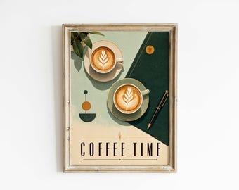 Mid-Century Latte Cups Poster & Canvas | Coffee Time Kitchen Wall Art 7S9TYU