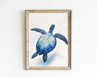 Blue Sea Turtle Poster & Canvas | Coastal Watercolor Wall Art IMY03E