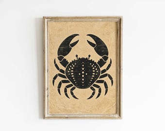 Minimal Crab Poster & Canvas | Coastal Linocut Wall Art OR8XQJ