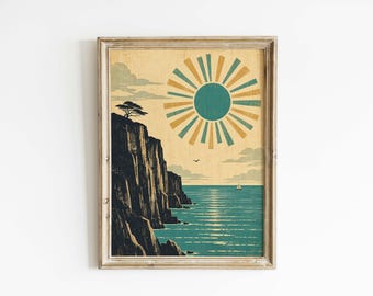 Mid-Century Coastal Cliffs Poster & Canvas | Retro Ocean Wall Art E1U0WG