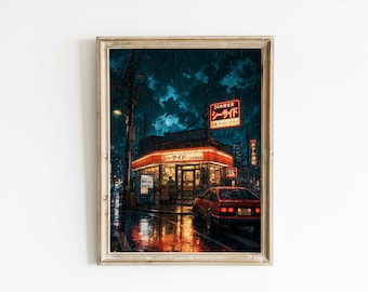 Rainy Japanese Diner Poster & Canvas | Anime City Wall Art UF431P