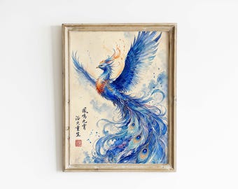 Blue Phoenix Watercolor Poster & Canvas | Asian Fantasy Wall Art WV5BH8