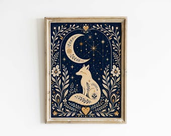 Folk Art Fox Poster & Canvas | Celestial Woodland Wall Art 14ISH5