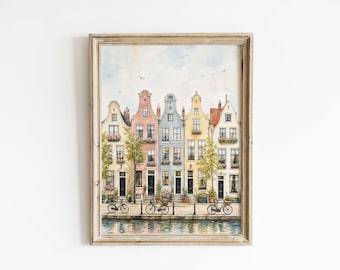 Watercolor Canal Houses Poster & Canvas | European Travel Wall Art VH45XO