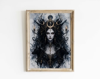 May include: Framed art print featuring a dark-haired woman with an elaborate headdress and jewelry. The artwork has a gothic theme, with black and gray tones dominating the image. Two dark wolves flank the woman, adding to the mysterious atmosphere.