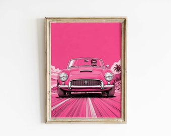 Pink Convertible Poster & Canvas | Vintage Pop Art Car Wall Art F62YSH