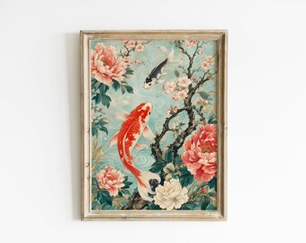 Chinoiserie Koi Poster & Canvas | Botanical Wall Art QWZZ2D