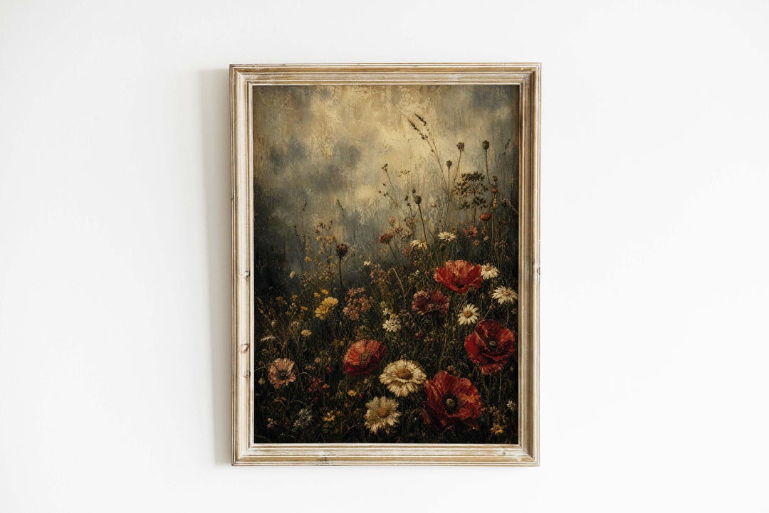 Vintage Oil Wildflower Meadow Poster & Canvas | Moody Floral Wall Art ...