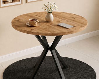 Runt matbord i trä 90 cm | Modernt köksbord, svarta metallben