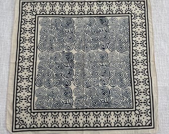 Spiral Print Cotton Bandana, Black Rose Pattern Neck Scarf, Traditional Indian Blockprint Handkerchief, Abstract Geometric Pocket Square