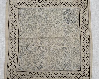 Artisan Hand-Stamped Indigo Cotton Bandana | Boho Paisley Head Scarf (21"x21")