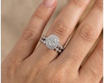 Oval Moissanite Ring, Colorless Moissanite Engagement Ring, Matching Eternity Band Wedding Ring Set, Halo Bridal Ring Set For Women