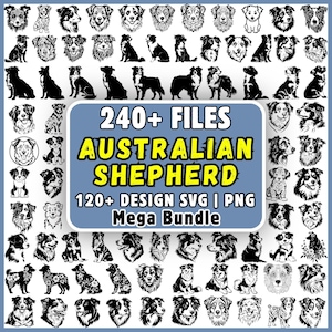 Peut inclure: Une collection numérique de plus de 240 illustrations de chiens bergers australiens en noir et blanc. Le graphique central rectangulaire bleu affiche le texte 240+ FILES AUSTRALIAN SHEPHERD 120+ DESIGN SVG | PNG Mega Bundle en jaune et blanc.