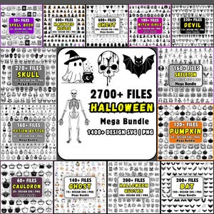 Halloween SVG Mega Bundle, Ghost Skull Skeleton Witch Devil Clipart PNG, Haunted House Potion Spell Book Cartoon SVG, Cricut Mega Bundle