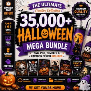 May include: A digital graphic advertisement for a 35,000+ Halloween Mega Bundle featuring text, SVG, PNG, and tumbler design icons. The layout includes a central pumpkin illustration, a haunted house tumbler, and various spooky cartoon character graphics.